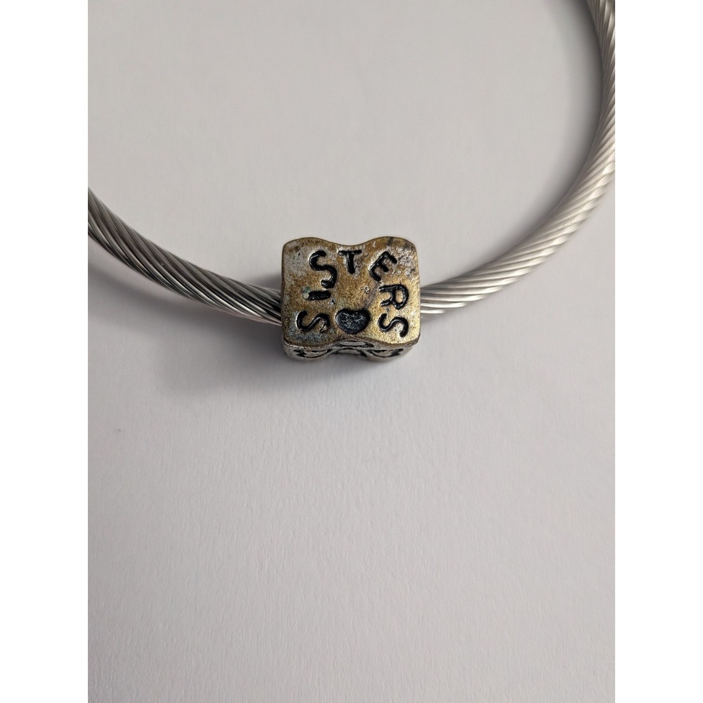 Vintage Silver Tone Sisters Heart Four Leaf Clover Charm Bead for Bracelet